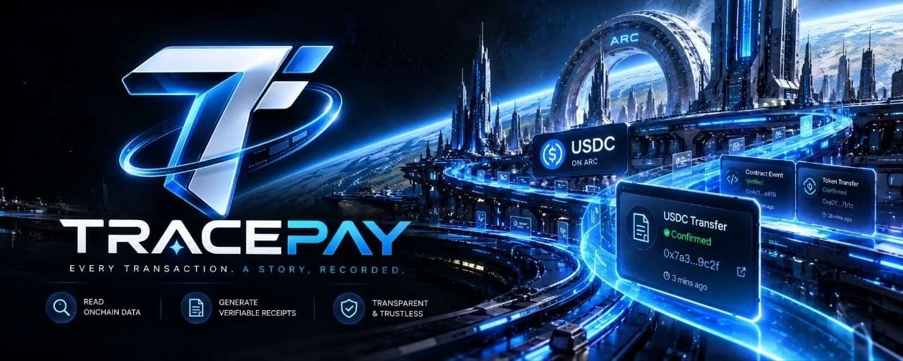 TRACEPAY onchain receipts artwork with USDC on Arc panels